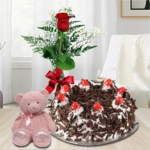 Black Forest with Red Rose N Teddy