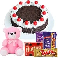 Black Forest Cake with Teddy N Assorted Cadbury Chocolates