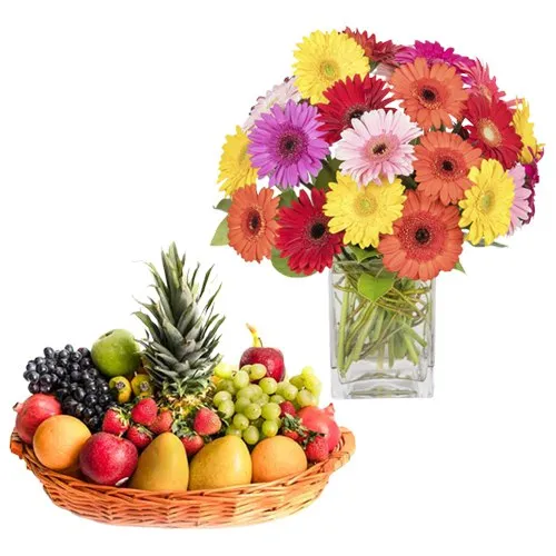 Combo of Fresh Fruits Basket with Gerberas in a Vase