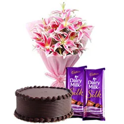 Brilliant Lilies Bouquet with Dairy Milk Silk and Chocolate Cake