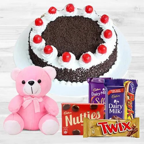 Black Forest Cake with Teddy N Assorted Cadbury Chocolates