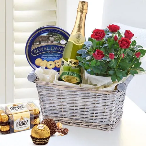 Signature Basket of Sweet Assortments with Red Roses