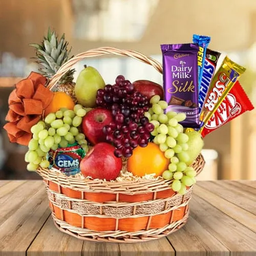 Tasty Assorted Chocolates Gift Hamper with Mixed Fruits