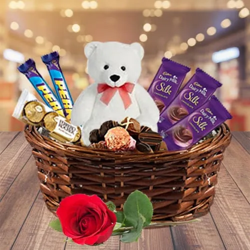 Delectable Chocolate Gift Basket with Rose N Teddy
