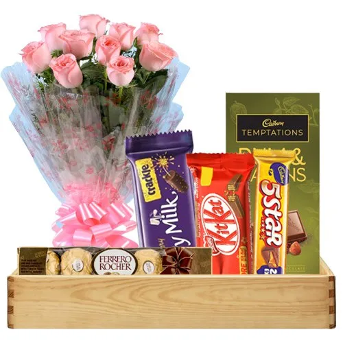 Joyful Selection of Pink Roses with Chocolate Gift Hamper