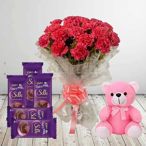 Amazing Teddy N Chocolates with Carnations Bouquet