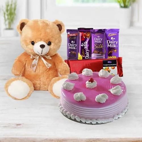 Tempting Strawberry Cake with Chocolates N Teddy