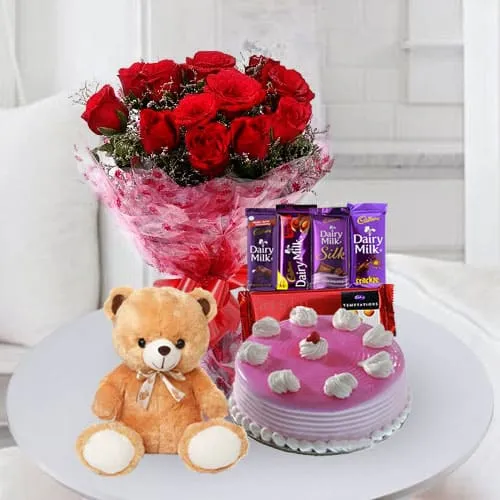 Lip Smacking Strawberry Cake with Chocolates Rose Bouquet N Teddy for Birthday