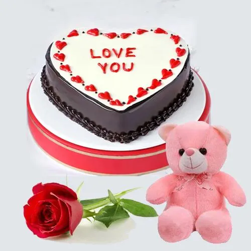 Exciting Gift of Chocolaty Heart Shape Cake with Sweet Teddy N Red Rose