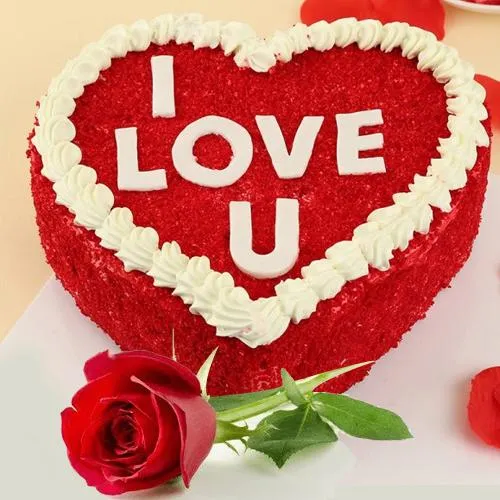 Alluring Gift of Heart Shape Red Velvet Cake with Single Red Rose