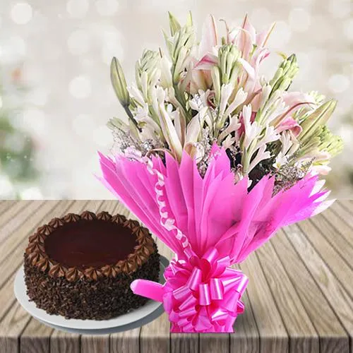 Marvelous Lilies N Gladiolus Bouquet with Chocolate Cake