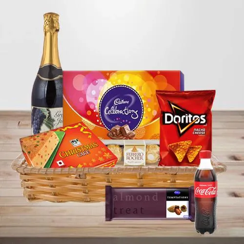 Unique Treasure Gift Basket with Fruit Cake N Sparkling Wine