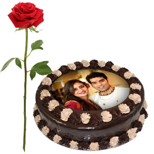 Pretty Single Red Rose with Chocolate Photo Cake
