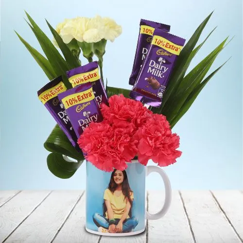 Lovely Mixed Carnations N Cadbury Dairy Milk in Personalized Photo Mug