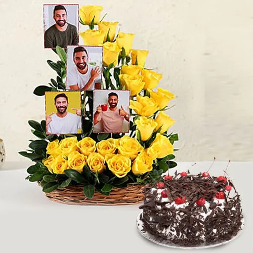 Vibrant Yellow Roses n Personalized Photo Basket with Black Forest Cake