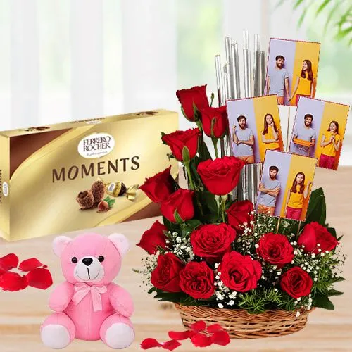 Stunning Red Roses N Personalized Photos Arrangement with Soft Teddy n Ferrero Moments