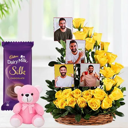 Expressive Roses n Personalized Photos Basket with Soft Teddy and Cadbury Silk