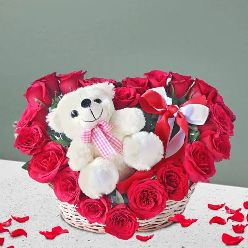 Admirable Teddy n Heart Shape Red Roses in Cane Basket