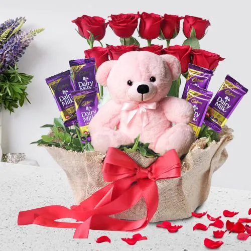 Romantic Basket of Red Roses Cadbury Dairy Milk n Cute Teddy
