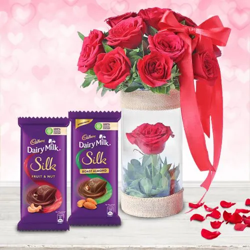 Magnificent Red Roses in Vase n Cadbury Silk Combo