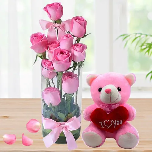 Sweet Cuddly Teddy with Heart and Pink Roses in Vase Gift Combo