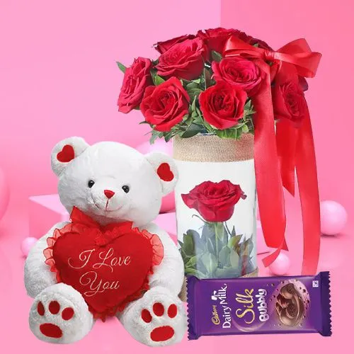 Lovely V day Gift of Roses Teddy N Chocolates