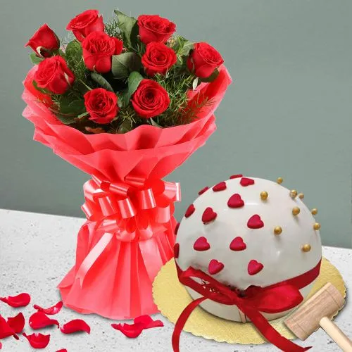 Impressive Love Pinata Cake n Red Roses Bouquet Gift Combo