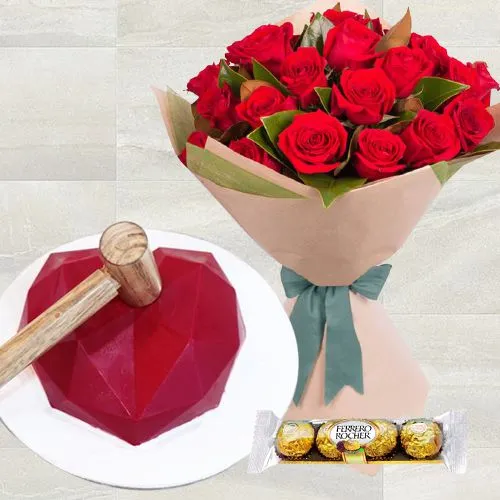 Enticing Combo of Red Heart Hammer Cake Red Rose Bouquet n Ferrero Rocher