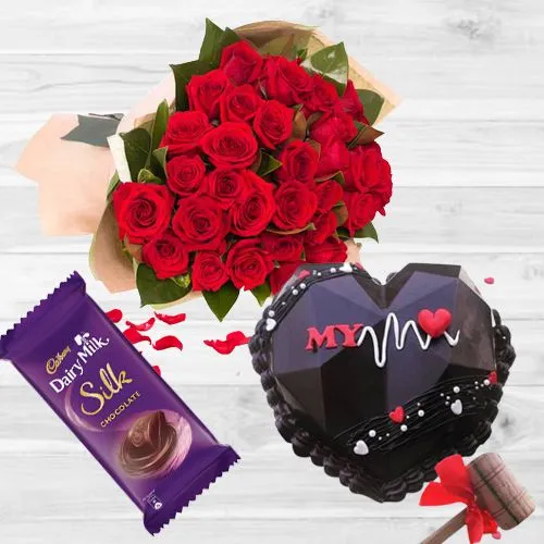 V day Gift of Roses Bouquet Chocolaty Heart Hammer Cake n Cadbury Silk