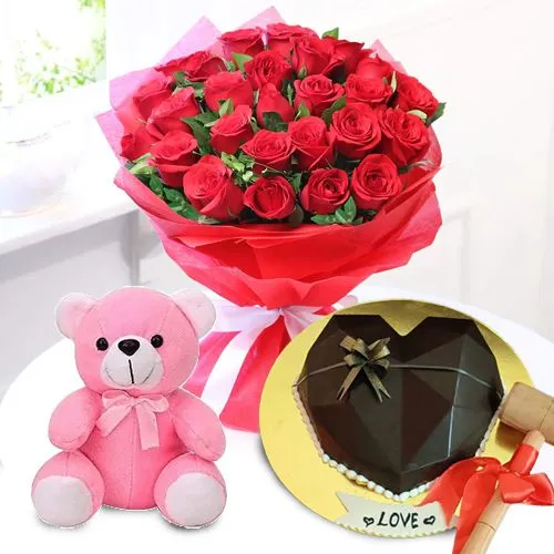 Lovely Combo of Red Roses Bouquet Chocolaty Heart Smash Cake n Teddy