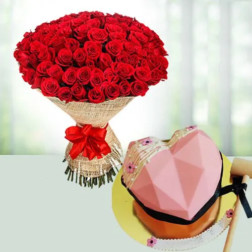Dazzling 100 Red Rose Bouquet n Heart Shape Strawberry Smash Cake Gift Combo