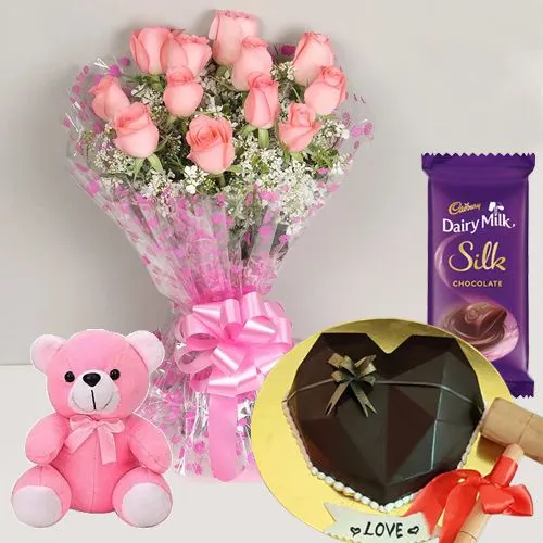 Romantic Gift of Chocolaty Love Smash Cake Pink Rose Bouquet Cadbury Silk n Teddy