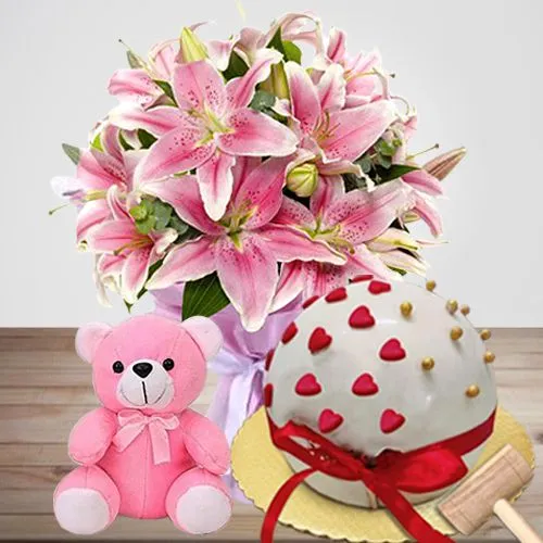 Unique Combo of Love Score Smash Cake Pink Lily Bouquet n a Lovely Teddy