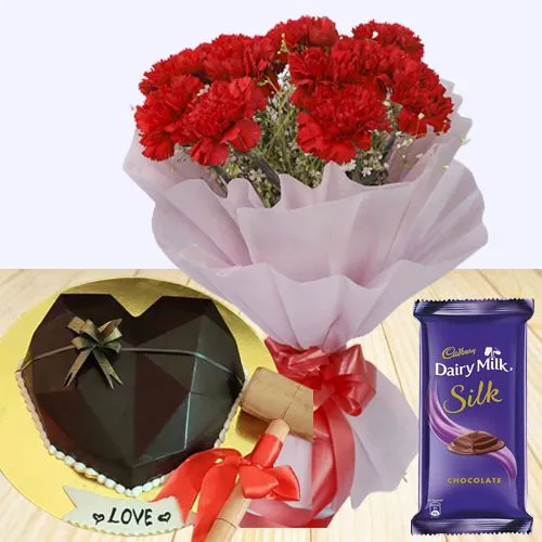Lovely Gift of Heart Shape Chocolate Smash Cake Carnations Bouquet n Cadbury Silk