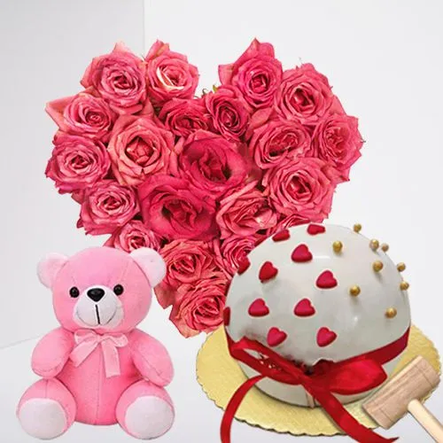 Lovely Combo of Pinata Cake Heart Shape Pink Rose Bouquet and Plush Teddy