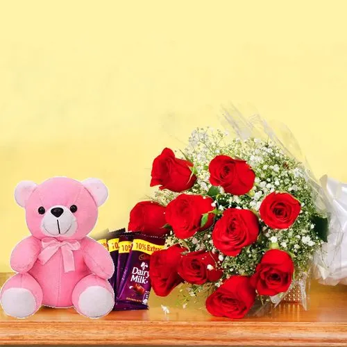 Valentine Mood Red Roses Bouquet Soft Teddy and Cadbury Chocolate Gift Combo