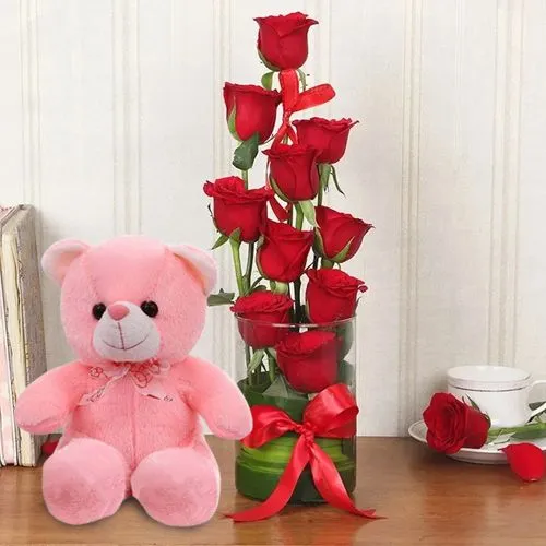 Lovers Choice Red Roses in Vase n Adorable Teddy Gift Combo