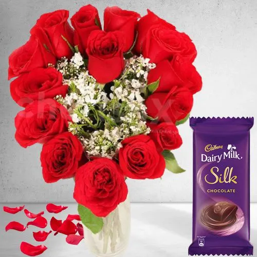 Magical Heart Shape Arrangement of Red Roses n Cadbury Silk