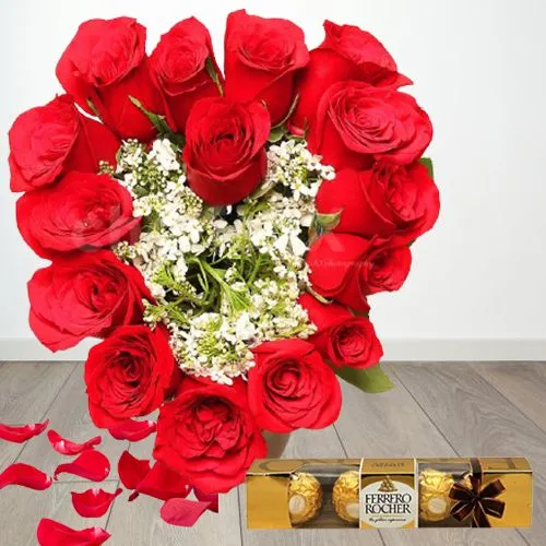 Alluring Heart Shape Arrangement of Red Roses n Ferrero Rocher