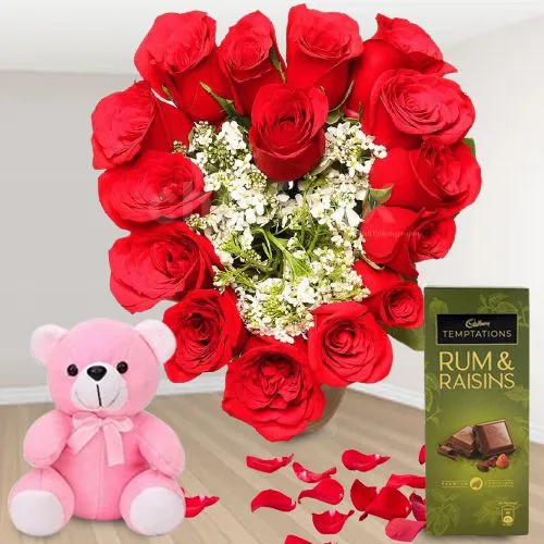 Superb Heart Shape Arrangement of Red Roses Cadbury Temptation n Adorable Teddy