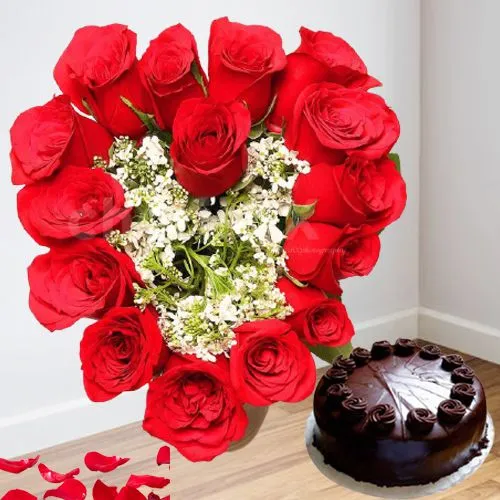 Enchanting Heart Shape Red Roses Arrangement n Chocolate Cake Combo