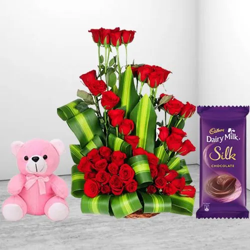 Exclusive Red Roses Arrangement with Adorable Teddy n Cadbury Chocolate