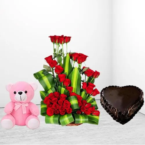 Exclusive Red Roses Arrangement Love Cake n Adorable Teddy