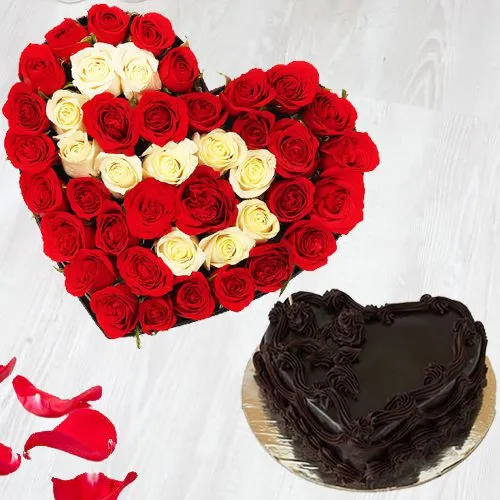 Gorgeous Red N White Roses Love Shape Arrangement n Heart Shape Chocolate Cake