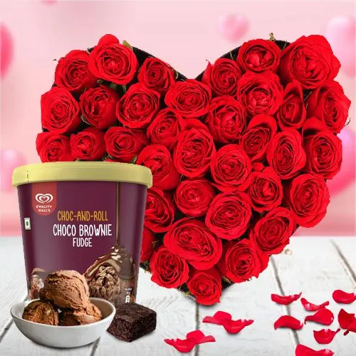 Paradise of Love Combo of Red Rose Love Bouquet with Kwality Walls Choco Brownie Ice Cream