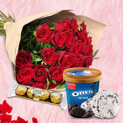 Yummy Kwality Walls Oreo Ice Cream N Ferrero Rocher with Red Roses Bouquet