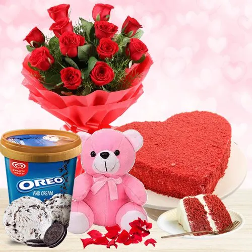 Awesome Selection of Kwality Walls Oreo Ice Cream with Roses Heart Cake n Teddy