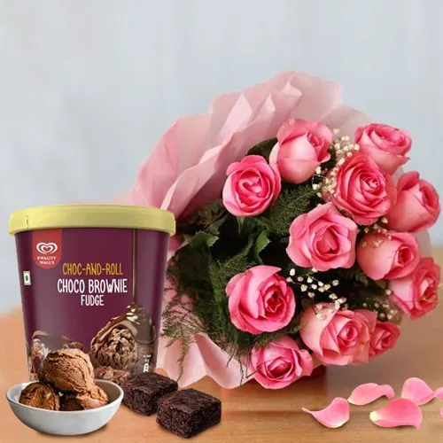 Lovers Special Kwality Walls Brownie Fudge Ice Cream n Pink Rose Bouquet