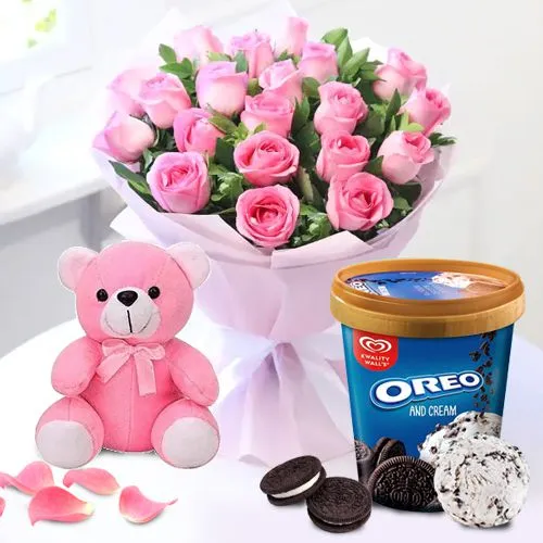 Breathtaking Combo of Roses with Kwality Walls Oreo N Cream Ice Cream N Teddy