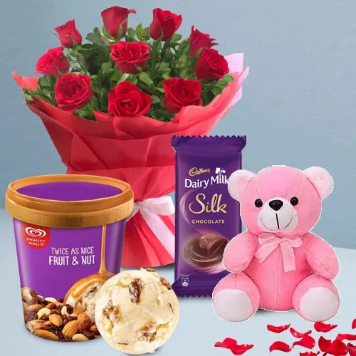 Velvety Love of Kwality Walls Fruit n Nut Ice Cream Roses Teddy n Cadbury Silk